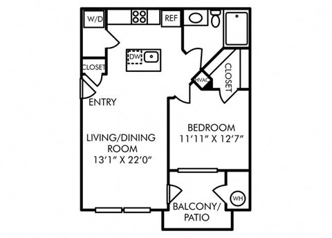 Floor plan for 1 bed, 1 bath, 735 sqft